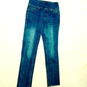 SEVEN JEANS Straight Leg Tummy Toner Light Distressing Raw Hem Stretchy Size 8